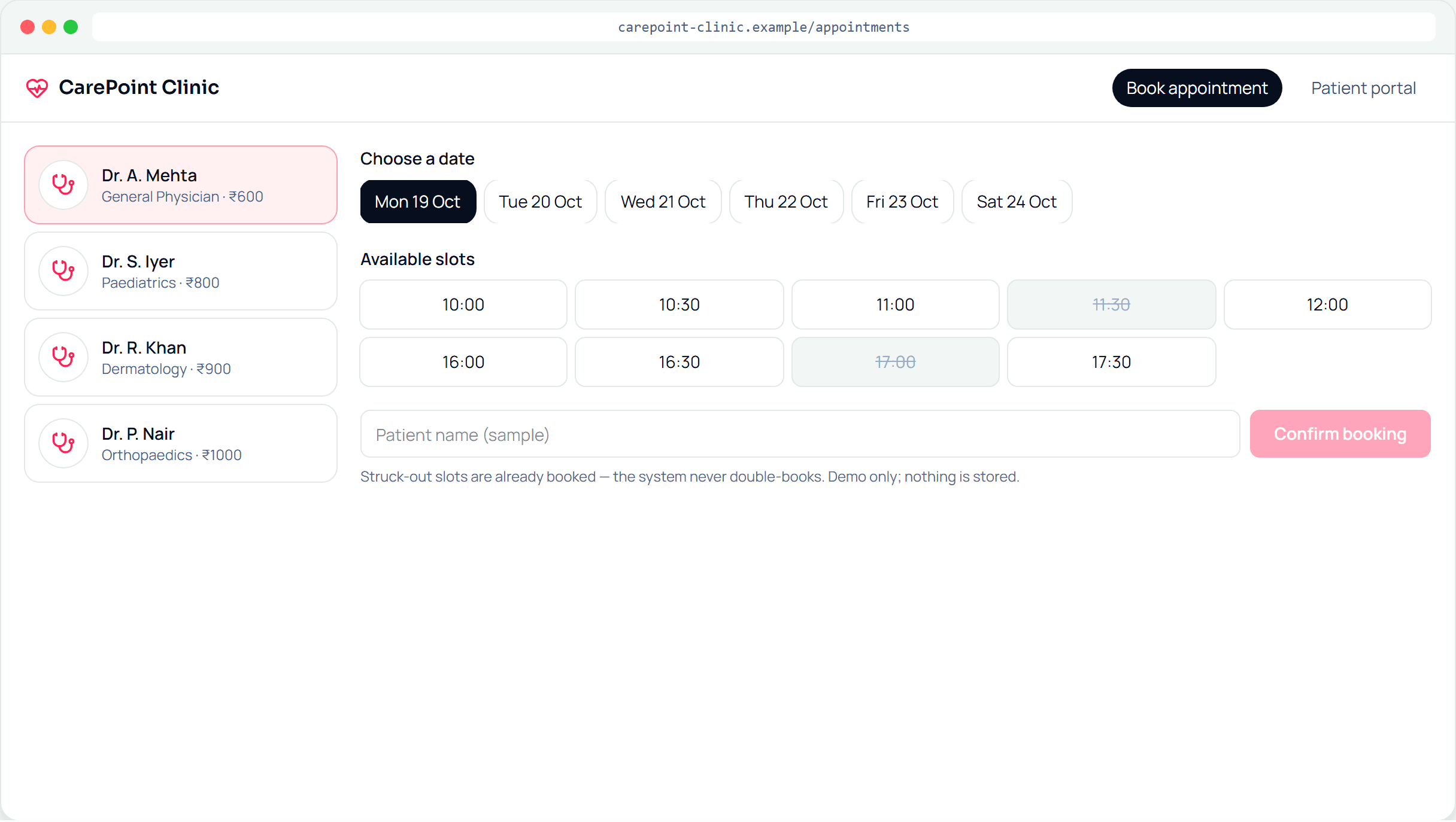 Clinic Booking & Patient Portal — interface preview